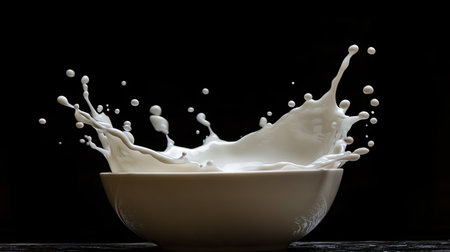 A photo of milk splashing in a white ceramic bowl, surrounded by ample copy space.の素材