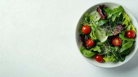 A neatly arranged bowl of mixed greens, cherry tomatoes, and sprouts on a light gray surface with generous empty space.の素材
