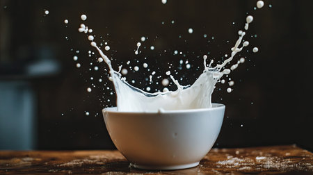 A photo of milk splashing in a white ceramic bowl, surrounded by ample copy space.の素材