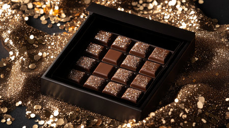 A luxurious chocolate gift box with velvet interior, surrounded by sparkling sequins.の素材