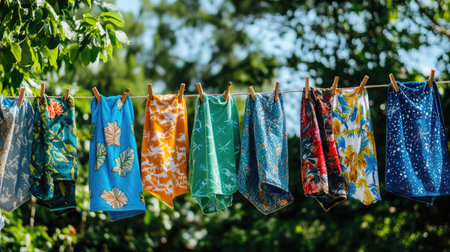 A collection of reusable, eco-friendly beach towels hanging on a clothesline under the summer sun.の素材