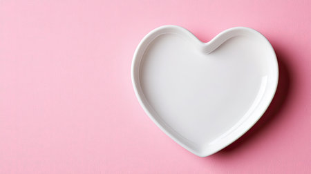 A clean white ceramic heart-shaped dish on a soft pink background.の素材