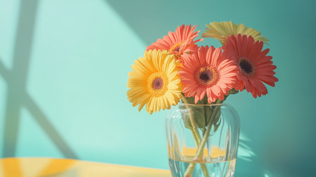 A bouquet of colorful gerbera daisies in a clear glass vase on a bright table.の素材