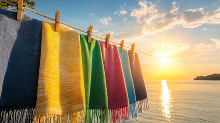 A collection of reusable, eco-friendly beach towels hanging on a clothesline under the summer sun.の素材
