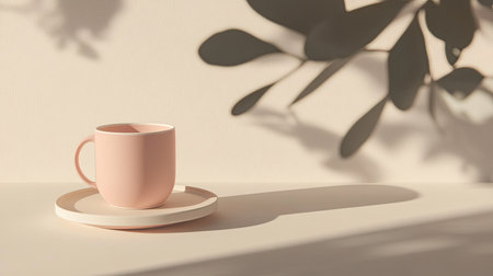 A clean and minimal Valentine card mockup with soft pink and cream tones, next to a ceramic mug.の素材