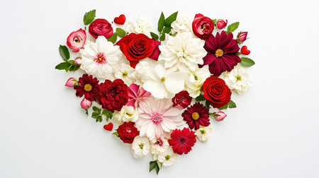 A bouquet of Valentine-themed flowers arranged symmetrically on a white surface.の素材