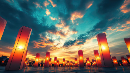 A beautiful display of multi-colored paper lanterns lit up in the evening sky during a cultural festival, with room for text overlay.の素材