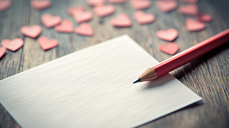 A close-up of a blank letter with a pencil and scattered heart-shaped confetti.の素材