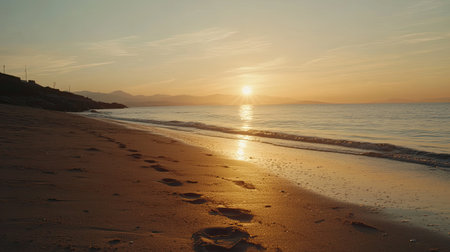 A beach scene with footprints leading towards the shoreline under a golden summer sunset.の素材