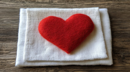A flat lay of a single red felt heart resting on a white linen cloth.の素材