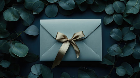 An elegant letter on premium stationery, tied with a gold ribbon and surrounded by green leaves.の素材