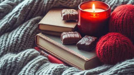 A creative Valentine gift arrangement with books, chocolates, and candles on a cozy blanket.の素材