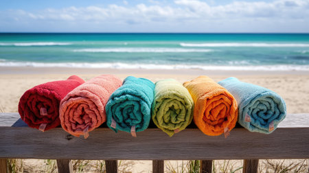 A collection of organic cotton beach towels rolled up on a wooden bench, ready for a sustainable beach day.の素材
