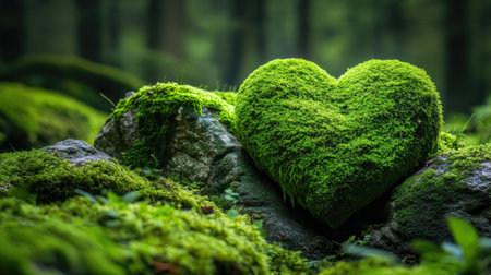A natural heart-shaped rock resting amidst lush green moss in a serene forest.の素材