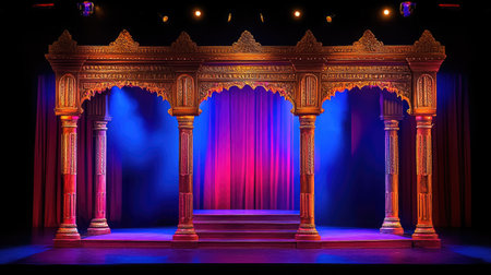 A cultural festival stage with traditional wooden decorations and vibrant lighting, ready for performers and artists.の素材