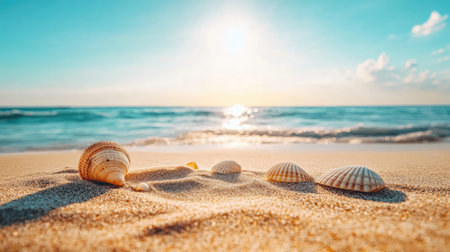 A close-up of sun-kissed sand with scattered seashells, capturing the feeling of summer.の素材