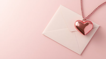 A romantic scene of a blank letter paired with a heart-shaped charm on a light pink background.の素材