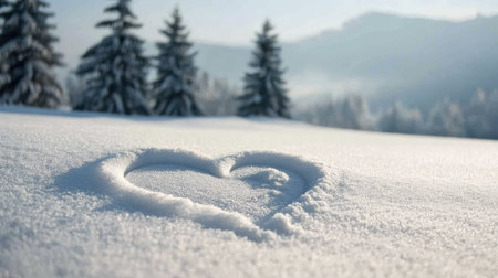 A heart etched into fresh snow in a tranquil winter landscape with pine trees in the background.の素材