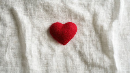 A flat lay of a single red felt heart resting on a white linen cloth.の素材