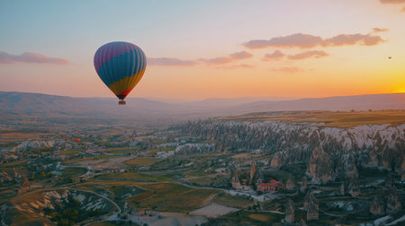 A colorful hot air balloon soaring over a picturesque landscape, perfect for a summer travel adventure.の素材