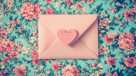 A pastel envelope with a paper heart seal, set against a vibrant floral backdrop.の素材
