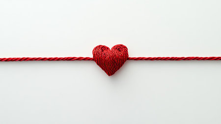 Minimalist Valentine card concept on a white background with a simple red ribbon tied in a bow.の素材