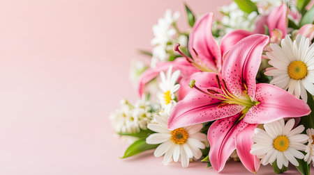 A vibrant bouquet of lilies and daisies on a soft blush background with ample copy space.の素材