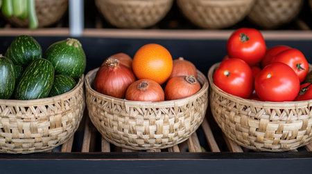 Traditional handwoven baskets filled with seasonal fruits and vegetables, ready for display at a cultural summer festival.の素材