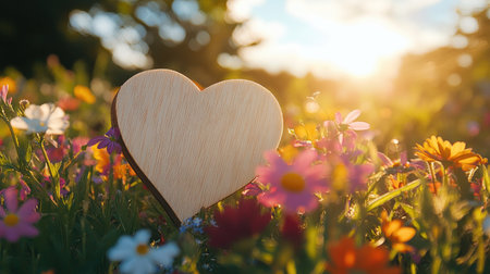 A wooden heart nestled among colorful wildflowers in a sunny meadow.の素材