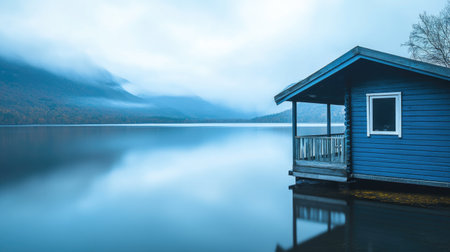 A small wooden cabin by a tranquil lake, with a porch overlooking calm waters and mountains in the background, perfect for a peaceful getaway.の素材