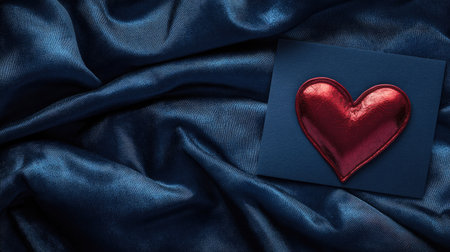 Embossed Valentine card with metallic highlights, resting on a navy velvet fabric background.の素材