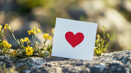 Valentine card displayed on a natural stone surface surrounded by small flower bouquets.の素材