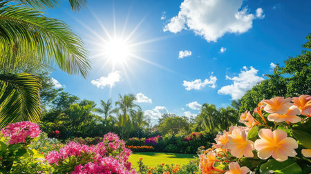 A vibrant tropical flower garden with clear skies and sunlight shining through, ideal for a summer getaway.の素材