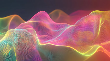 Abstract composition of interconnected lines and glowing nodes over a futuristic gradient canvas.の素材