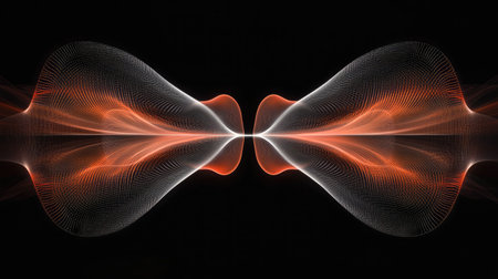 Abstract futuristic technology with glowing lines, dots, and digital data transfer visualized in a dark background.の素材