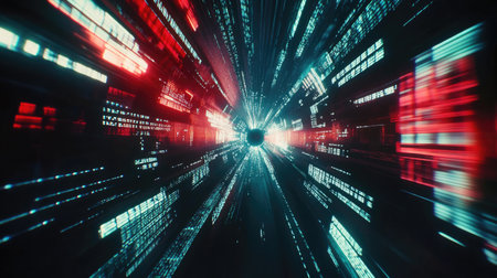 Abstract futuristic technology with glowing lines, dots, and digital data transfer visualized in a dark background.の素材