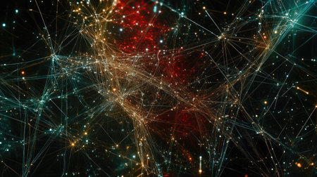 Abstract digital network with interconnected lines, glowing nodes, and moving data streams, illustrating cutting-edge technology.の素材