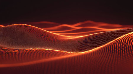 Abstract digital landscape with interconnected lines, glowing dots, and virtual data streams.の素材