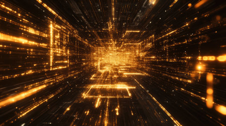 A dynamic digital grid of lines and glowing nodes, symbolizing high-speed data transfer in modern networks.の素材