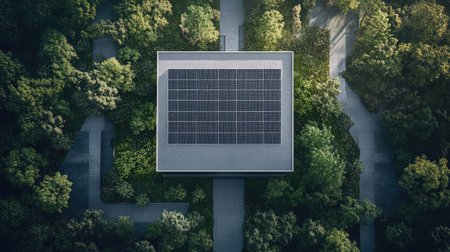 An eco-friendly office building with rooftop solar panels and surrounding green plants, reflecting the future of sustainable business practices.の素材