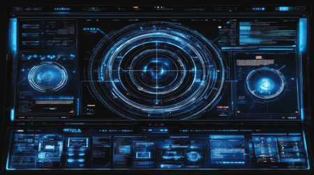 Futuristic digital interface with transparent holographic screens and glowing data points.の素材