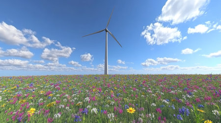 High-tech green energy concept with wind turbines turning in a field of wildflowers, producing clean renewable power.の素材