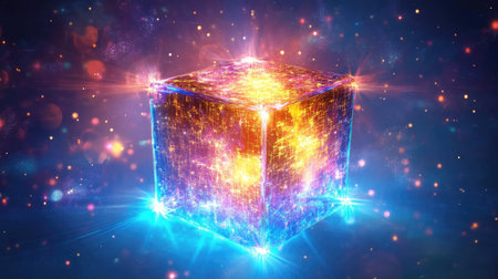 Holographic futuristic cube design with glowing edges and a digital matrix-style background.の素材