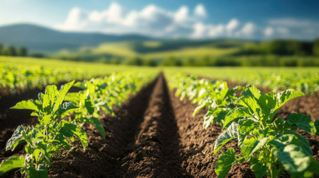 Sustainable agriculture powered by solar and wind energy with green crops growing, demonstrating eco-conscious farming practices.の素材