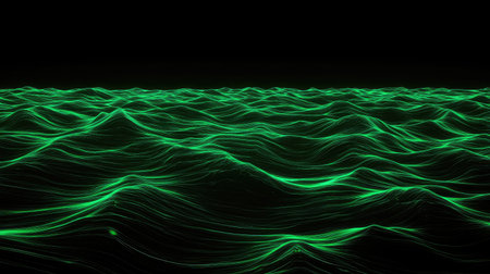 Abstract glowing green waveforms forming layers on a black background, creating depth and movement.の素材