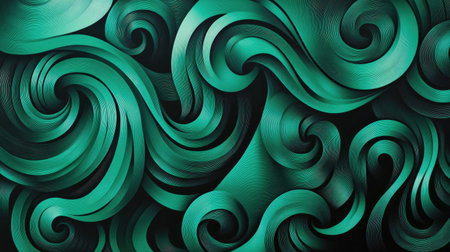 Abstract green wave-like geometric pattern with flowing curves and sharp angles, set against a subtle gradient background.の素材