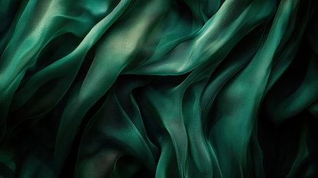 Abstract rich green fabric folds illuminated by golden light, creating depth and elegance.の素材