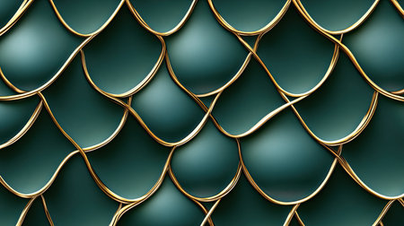 Abstract luxury background with golden lines forming a delicate lattice over a deep green gradient.の素材