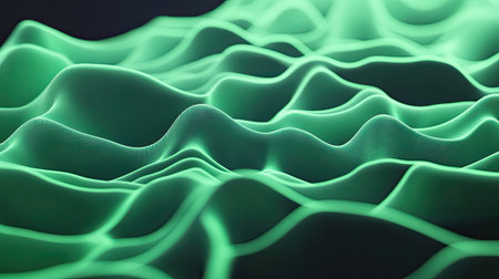 Abstract overlapping layers of green light waves flowing in a fluid and futuristic design.の素材
