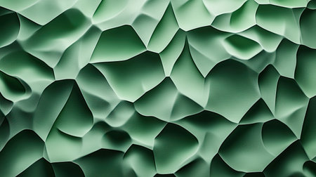Abstract green polygonal shapes with textured surfaces arranged asymmetrically on a smooth gradient.の素材